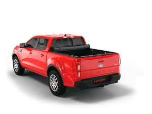 Red 2023 Ford Ranger with Sawtooth Stretch expandable soft roll up tonneau cover with ladder and open tailgate 