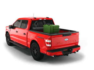 Red 2023 Ford F-150 5' 7" Bed with gear in the truck bed and the Sawtooth Stretch tonneau cover rolled up at cab 