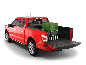 Red 2009 Ford F-150 5' 7" Bed with gear in the truck bed and the Sawtooth Stretch tonneau cover rolled up at cab 