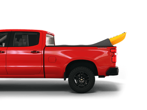 Red 2023 Chevrolet Silverado 2500 3500 6'-9" bed / GMC Sierra 2500 3500 6'-9" bed with yellow kayak under sawtooth stretch truck bed cover