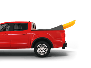 Red 2021 Ford Ranger with yellow kayak under sawtooth stretch truck bed cover