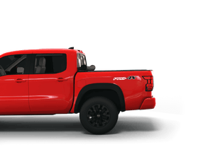 Red 2024 Nissan Frontier 5' Bed with Sawtooth Stretch expandable pickup truck bed cover rolled up at cab