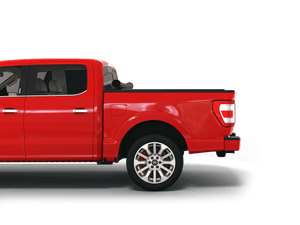 Red 2020 Ford F-150 5' 7" Bed with Sawtooth Stretch expandable pickup truck bed cover rolled up at cab