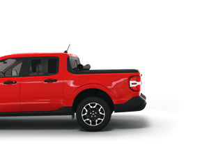Red 2025 Ford Maverick with Sawtooth Stretch expandable pickup truck bed cover rolled up at cab