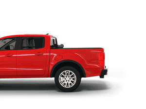 Red 2022 Ford Ranger with Sawtooth Stretch expandable pickup truck bed cover rolled up at cab