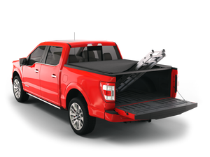 red 2004 2005 2006 2007 2008 Ford F-150 5' 7" bed with sawtooth stretch expandable soft roll up tonneau cover with ladder and open tailgate sawtooth stretch soft roll up truck bed cover with ladder and open tailgate 